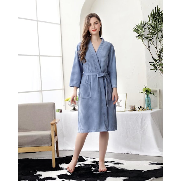 Badrock för kvinnor, vattenabsorberande, enfärgad våffelväv, Spa-hemklänning, nattklänning - Blå XXXL