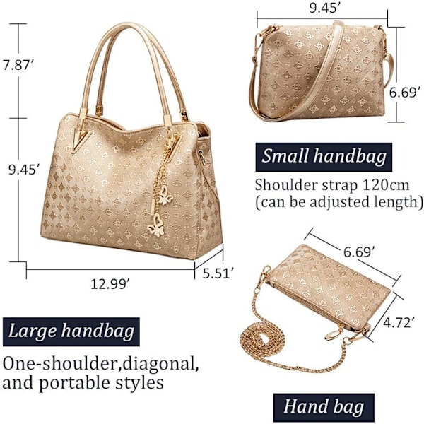 4 stk. Kvinders Mode Læder Håndtasker Tote Bag Skuldertaske Top Håndtag Satchel Pung med Vedhæng Sæt - Guld