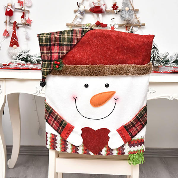 Set med 2 julstolsryggar, tomte, snögubbe, ren