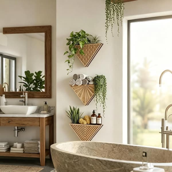 Boho Geometrisk Väggkruka i Trä, Triangulär Hängande Vas för Torkade Blommor, Minimalistisk Inredning för Hem och Sovrum