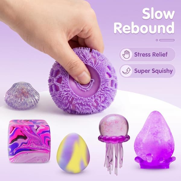 Lila tema långsamt återstudsande squishy-leksaker 6-pack stressavlastande klämleksaker för kalas