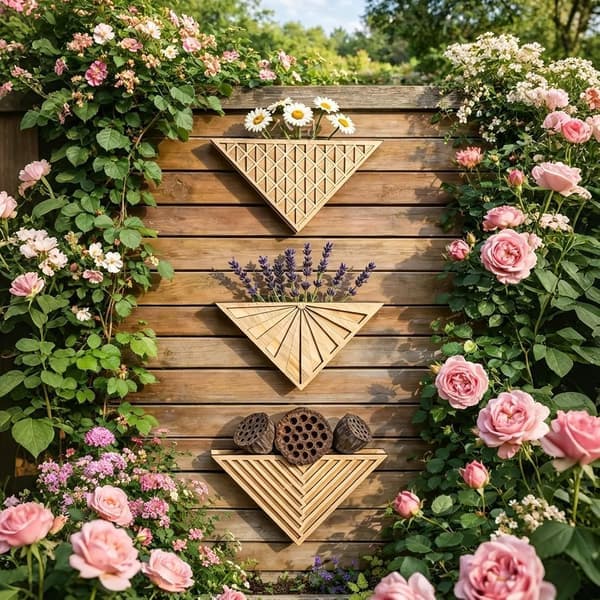 Boho Geometrisk Väggkruka i Trä, Triangulär Hängande Vas för Torkade Blommor, Minimalistisk Inredning för Hem och Sovrum