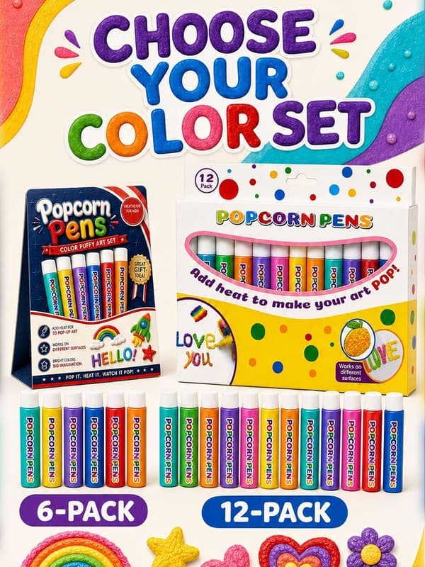 12-delt 3D Magic Popcorn-pen-sæt, luftige varmeaktiverede prægepenne til DIY-kort, 12 levende farver