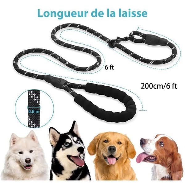 Hundkoppel, 2 m rep - Vadderat handtag - Reflekterande - Svart