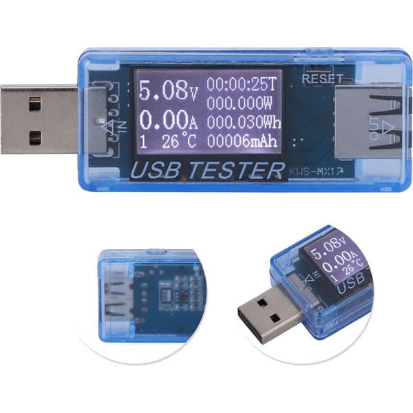 USB digital spänningsprovare, 8-i-1 voltmeter, 0-5A 0-150W 4-30V detektor, blå
