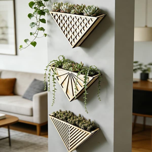 Boho Geometrisk Väggkruka i Trä, Triangulär Hängande Vas för Torkade Blommor, Minimalistisk Inredning för Hem och Sovrum