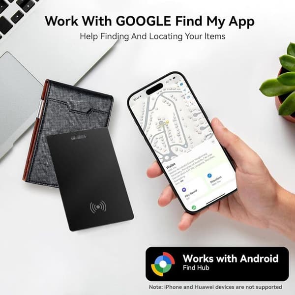 Ultratynd Wallet Tracker-kort, der fungerer med Google Find My-appen, genopladelig Bluetooth-lokalisering (Sort)
