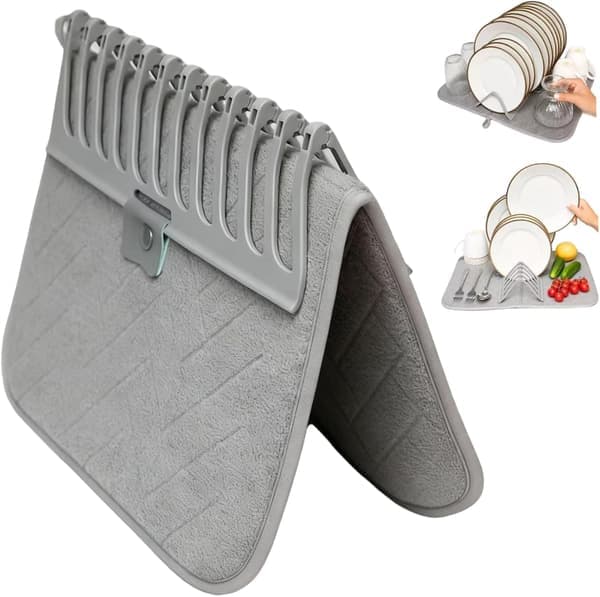 Vikbar diskmatta, absorberande diskmatta i mikrofiber med ställ, praktisk förvaring för köksbänken i brickstil.
