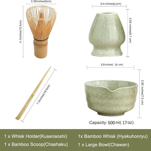 Matcha-set, japanskt teset inklusive matchaskål med pip, matchahållare, bambuvisp och bambusked