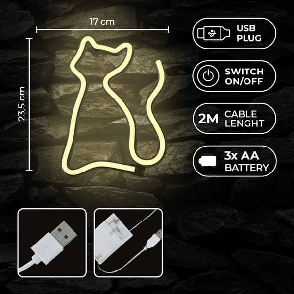 Neon LED-ljus KATT varmvit Fladdermus + USB FLNE03 Forever Light