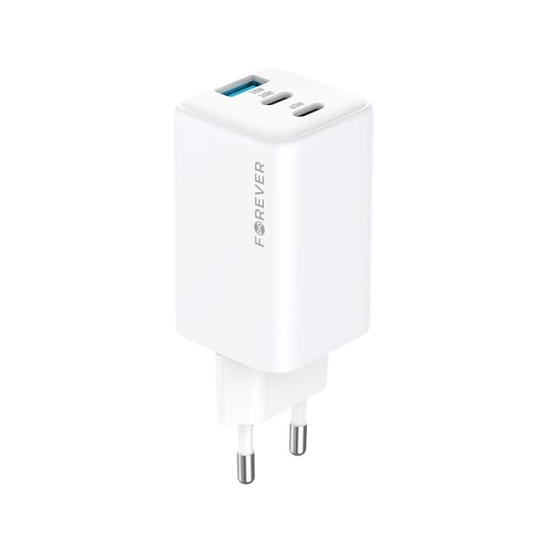 Forever TC-08-65ACC GaN PD QC laddare 2x USB-C 1x USB 65W vit vit