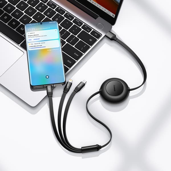 Baseus kabel Bright Mirror 2 3i1 USB - micro USB + Lightning + USB-C 1,1m 66W svart infällbar svart