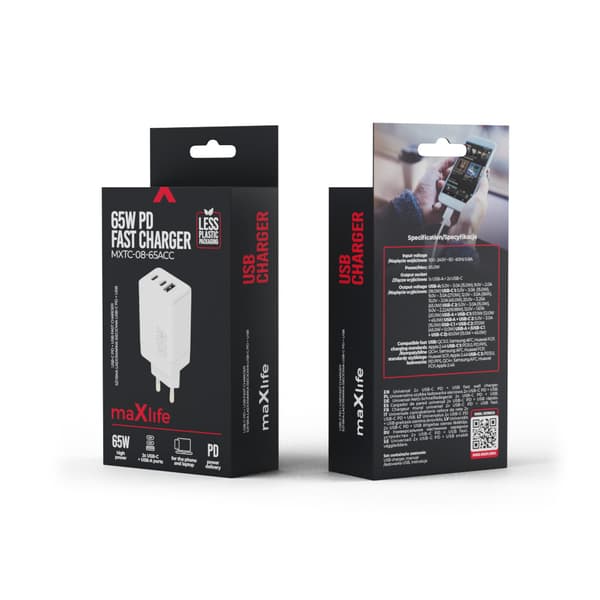 Maxlife MXTC-08-65ACC PD QC laddare 2x USB-C 1x USB 65W vit vit