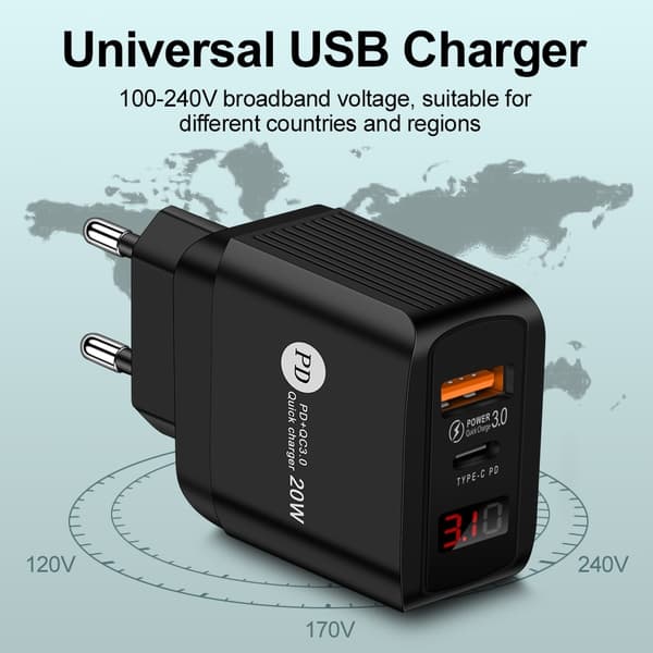 20W Snabb Mobiltelefonladdare usb-c med LED