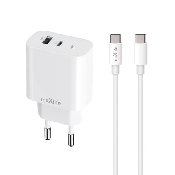 Maxlife MXTC-06-20AC PD QC laddare 1x USB-C 1x USB 20W vit + USB-C - USB-C kabel 20W vit
