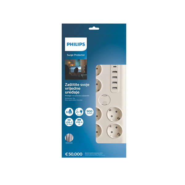 Överspänningsskydd PHILIPS grenuttag 6 Schuko-uttag + 6xUSB-A + 1xUSB-C 2m 16A vit