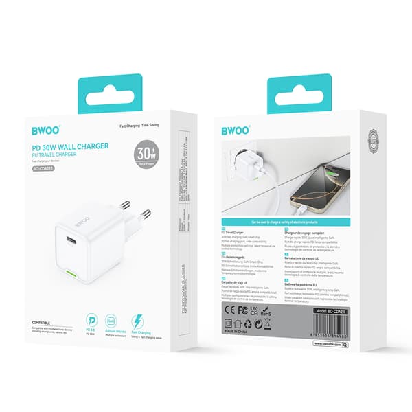 BWOO GaN PD väggladdare 30W 1x USB-C port 1A vit vit
