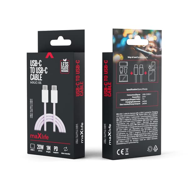 Maxlife MXUC-06 kabel USB-C - USB-C 1,0 m 20W lila nylon
