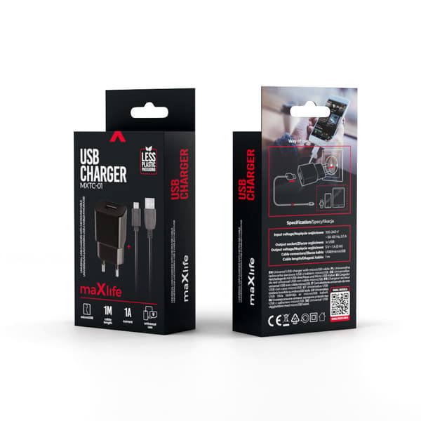 Maxlife MXTC-01 laddare 1x USB 1A svart + microUSB-kabel