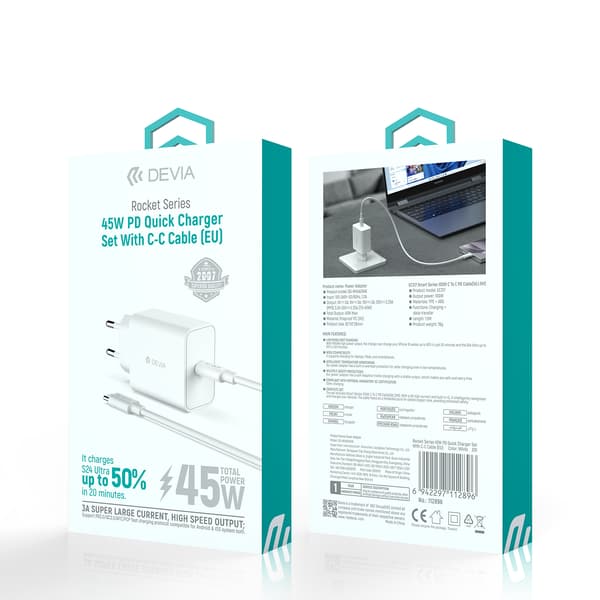 Devia väggladdare Rocket PD 45W 1x USB-C vit + kabel USB-C - USB-C