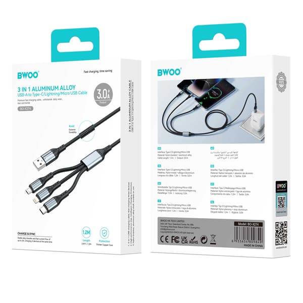 BWOO 3-i-1-kabel USB - USB-C, Lightning, Micro USB 1m 3A X274 svart svart