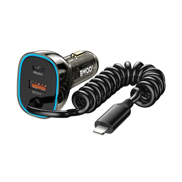 BWOO CC96L 30W PD billaddare 1x USB-C 1x USB-port med lightningkabel grå