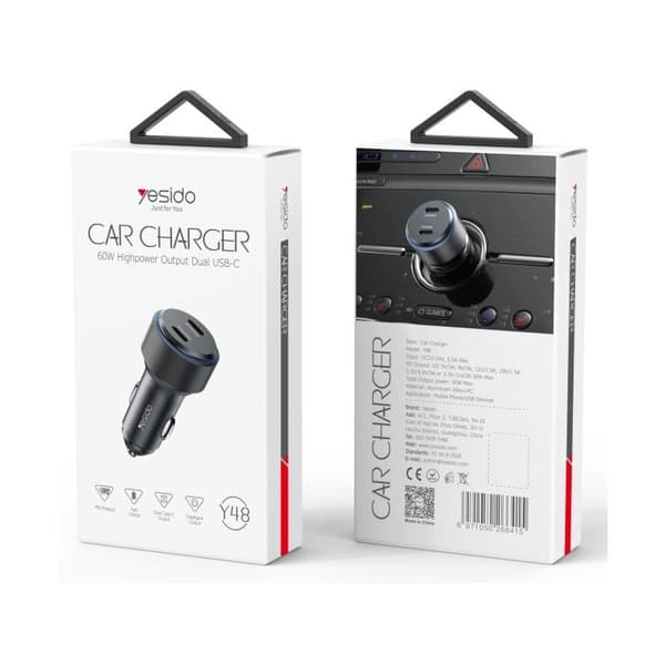 YESIDO BIL laddare Y48 PD 60W 2xUSB-C SVART