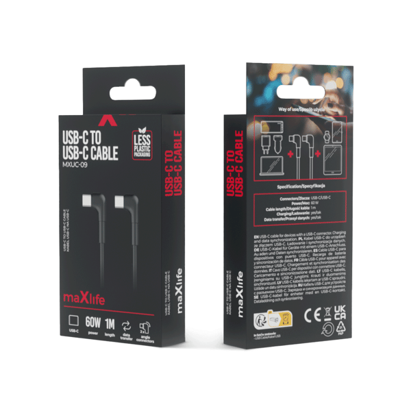 Maxlife MXUC-09 vinklad kabel USB-C - USB-C 1,0 m 60W svart