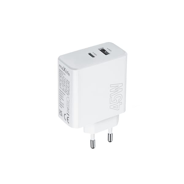 Maxlife MXTC-07-45AC PD QC laddare 1x USB-C 1x USB 45W vit vit