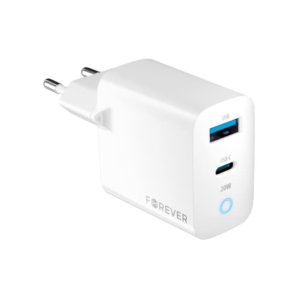Forever TC-06-20AC PD QC laddare 1x USB-C 1x USB 20W vit vit