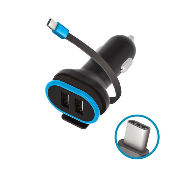 Forever CC-02 billaddare 2x USB 3A svart med USB-C-kabel 0,2 m svart