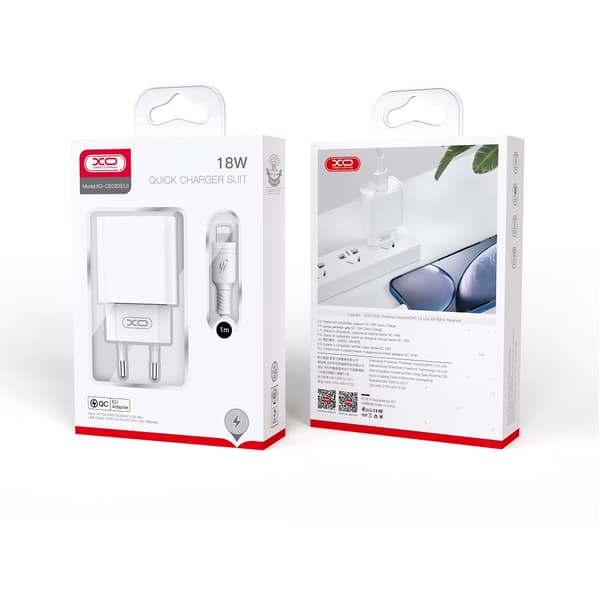 XO väggladdare CE02D QC 3 0 18W 1x USB vit + Lightning-kabel vit