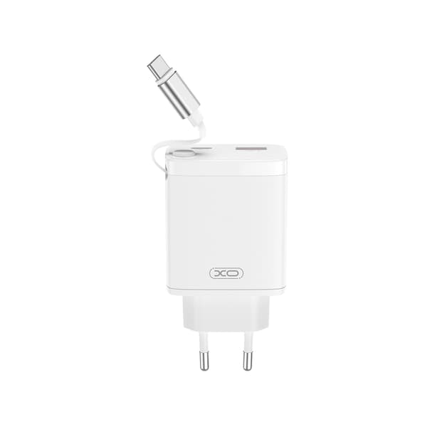 XO Wall Charger CE31 1x USB 1x USB-C 30W White with Retractable USB-C Cable