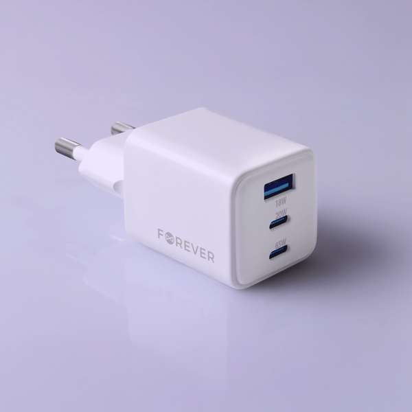 Forever TC-08-65ACC GaN PD QC laddare 2x USB-C 1x USB 65W vit vit