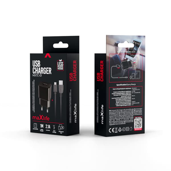 Maxlife MXTC-01 laddare 1x USB 2 1A svart + microUSB kabel svart