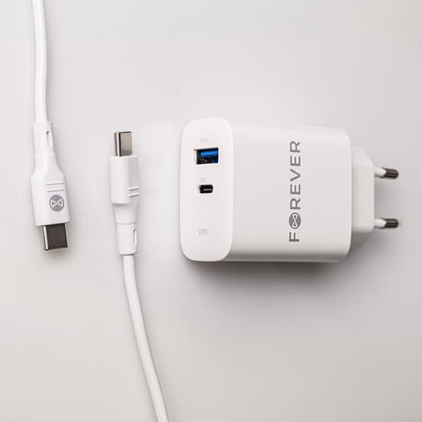 Forever TC-07-30AC PD QC laddare 1x USB-C 1x USB 30W vit + USB-C - USB-C kabel 60W vit