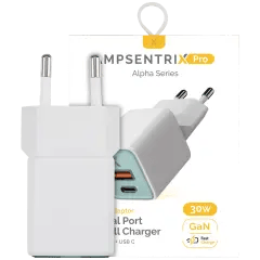 AmpSentrix Pro 30W 2-i-1 USB-C / USB-A GaN Väggadapter (220V / EU-kontakt) (Teal)