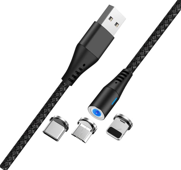 Maxlife MXUC-02 magnetkabel USB - Lightning + USB-C + microUSB 1,0 m 2A svart nylon