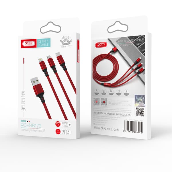XO kabel NB173 3i1 USB - Lightning + USB-C + microUSB 1,2 m 2,4A röd röd