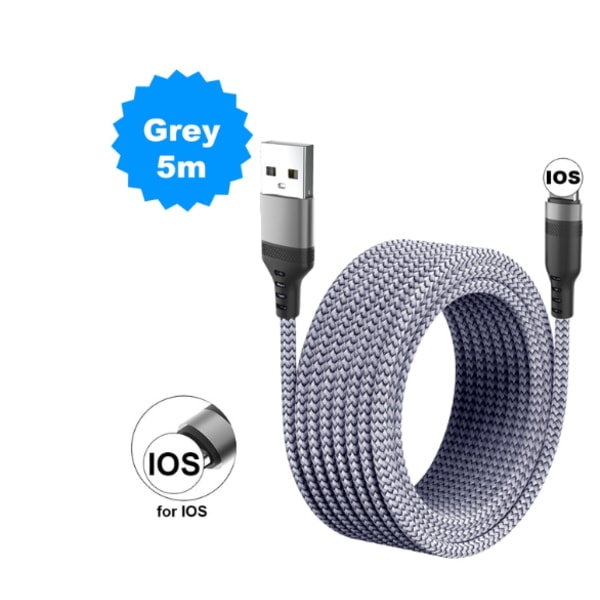 Extra lång  5M iphone kabel grå grå