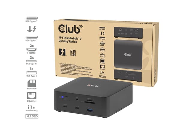 CLUB3D CSV-2562 13-1 Thunderbolt™ 5-dockingstation M.2 SSD 2x HDMI™ 8K60Hz Thunderbolt™ Share-certificeret 180 W