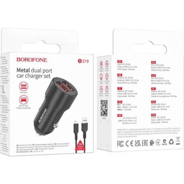 BOROFONE Billaddare - BZ15 2.4A 2 x USB + kabel micro USB med LED-skärm vit