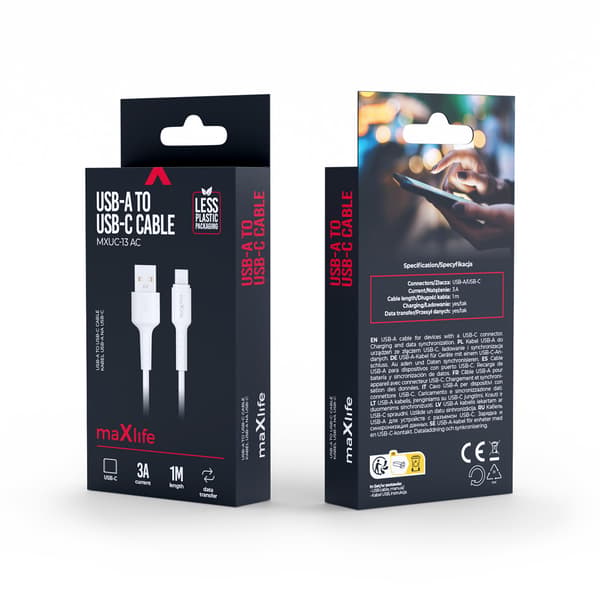 Maxlife MXUC-13 kabel USB-A - USB-C 1,0 m 3A vit vit