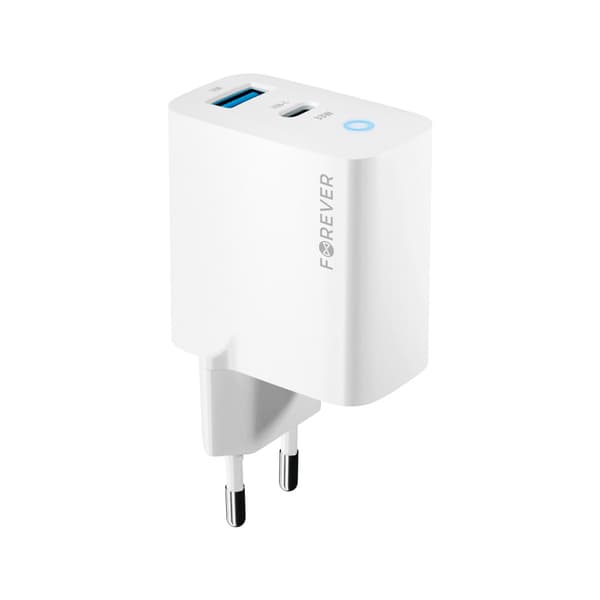 Forever TC-06-33AC GaN PD QC-laddare 1x USB-C 1x USB 33W vit vit