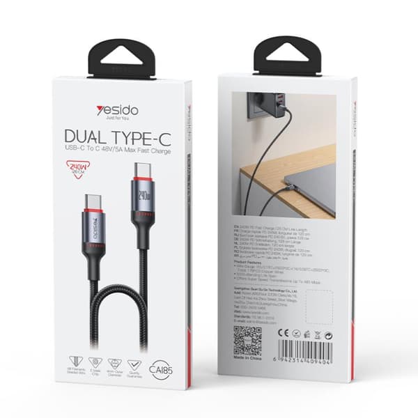 YESIDO KABEL CA185 240W TYPE-C/TYPE-C 1.2M 5A SVART