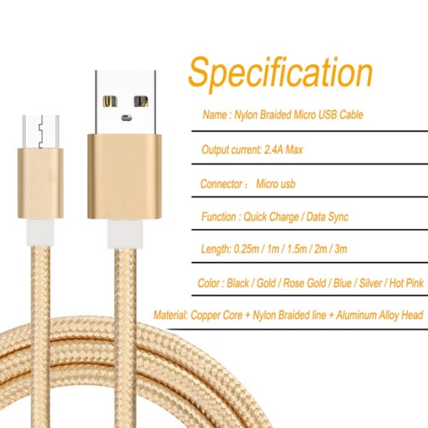 2 st 3 m micro-usb guld kabel