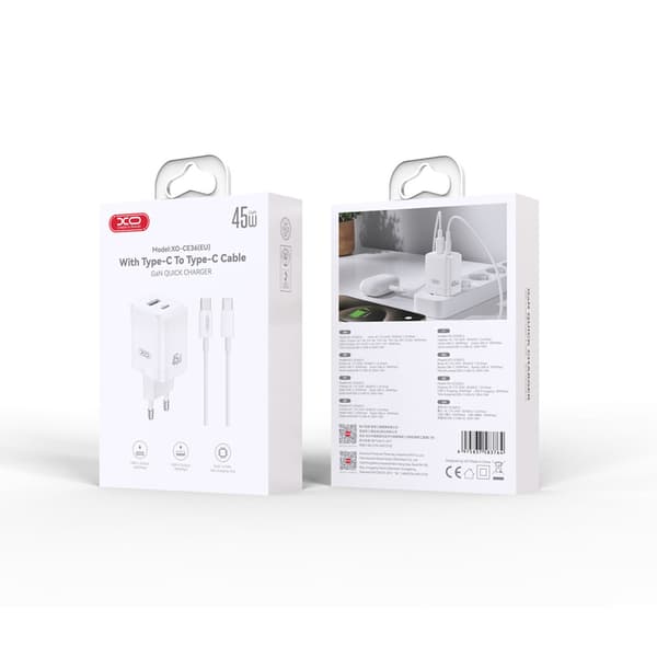 XO väggladdare CE36 PD 45W 1x USB-C 1x USB vit + kabel USB-C - USB-C