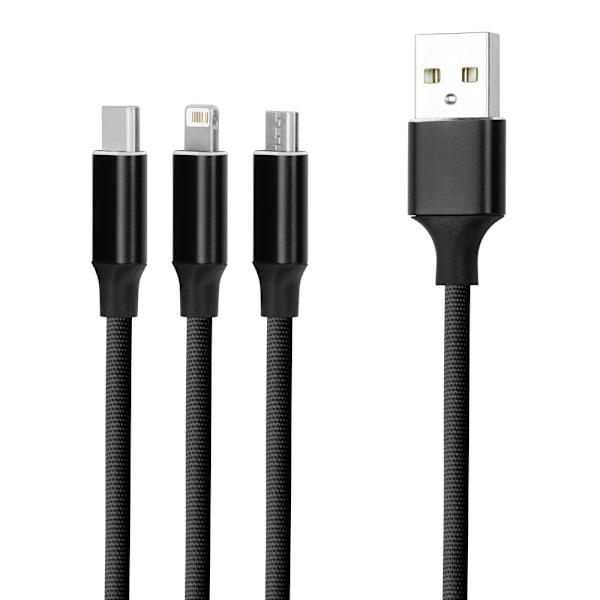 Forever 3i1-kabel USB - Lightning + USB-C + microUSB 1,2 m 2A svart