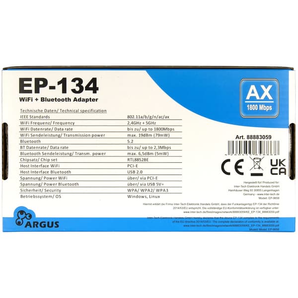 Inter-Tech Argus EP-134 Wi-Fi 6 1800Mbps PCIe Netvärksadapter