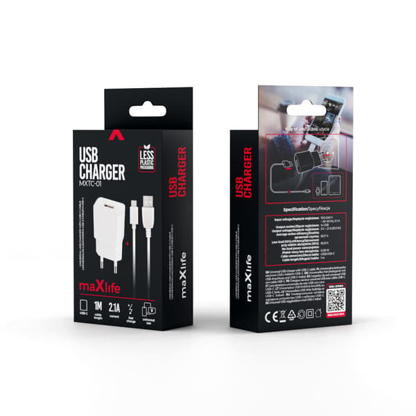 Maxlife MXTC-01 laddare 1x USB 2.1A vit + USB-C-kabel